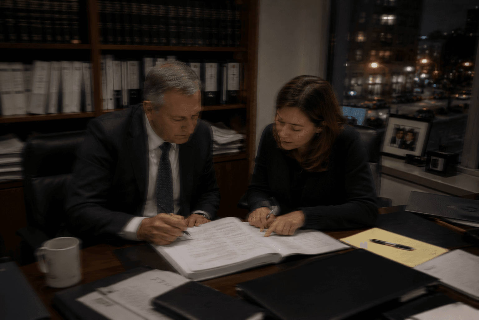 A general counsel and a colleague marking up a printed contract together at a wood desk in a real law-firm office at dusk, bookshelves of binders behind them, a city street visible through the window.
